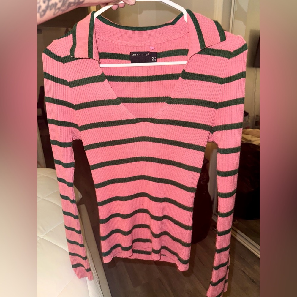 Pink and Green Striped Ribbed V-Neck Sweater top